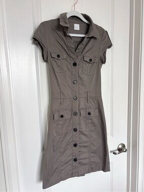 Camaieu Utility Shirt Dress Taupe Button Front Safari Dress Small